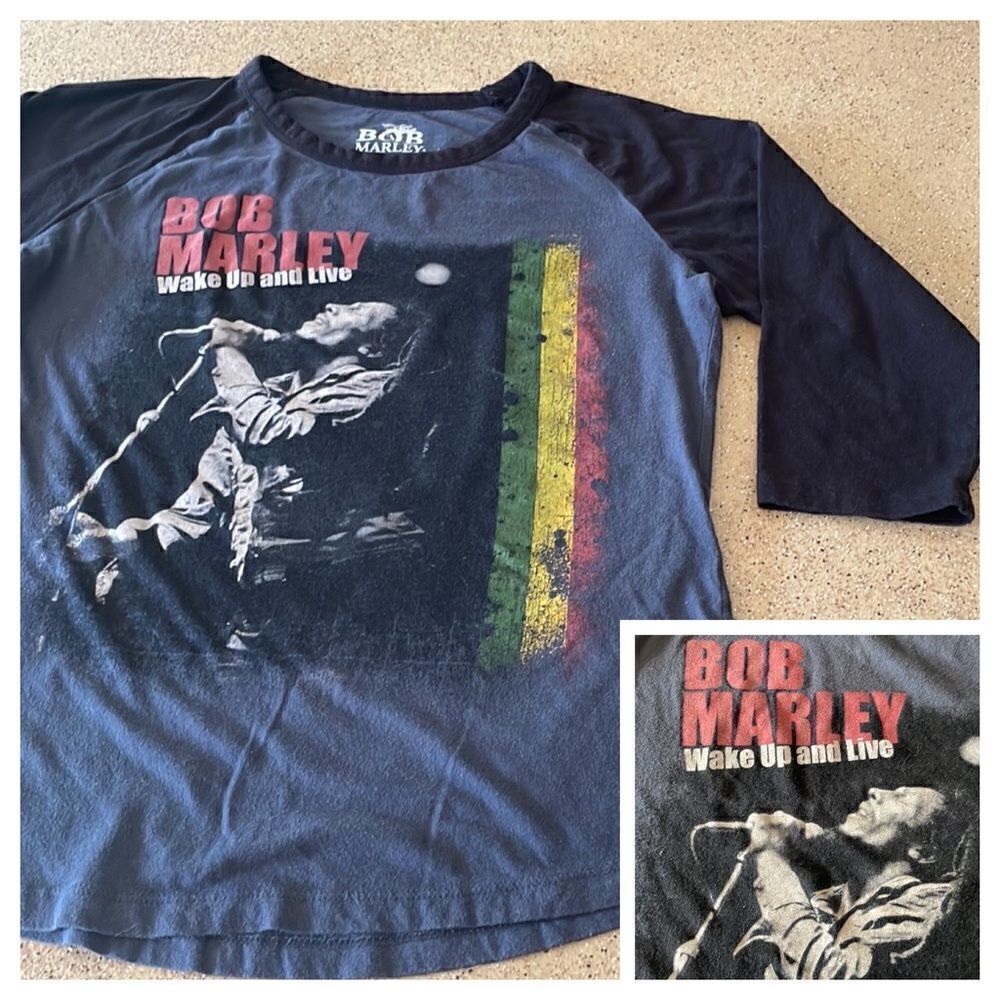 Bob Marley Wake Up and Live gray and black 3/4 sleeve baseball t-shirt